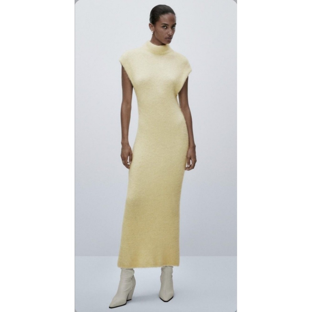 Massimo Dutti Limited Edition Dress Womens M Yellow Alpaca Knit Maxi Sweater